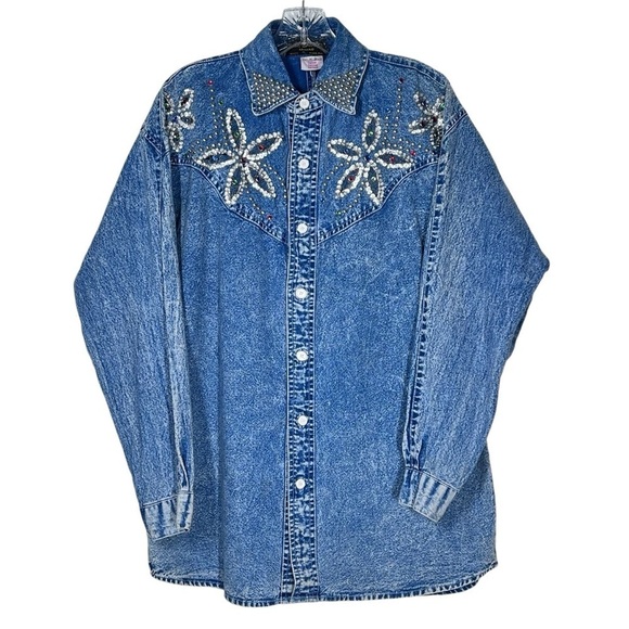 VTG LEE SANDS HAWAII Embellished Acid Wash Denim Long Sleeve Shirt Women's M - Picture 1 of 16